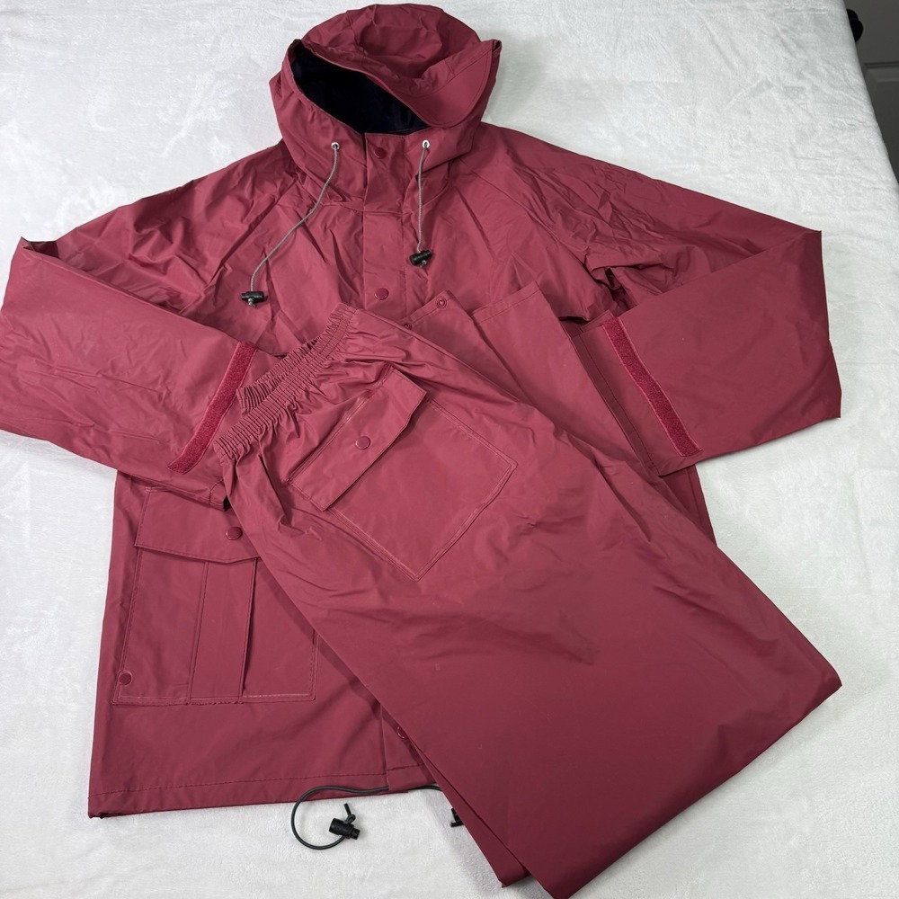Vintage 90's LL Bean PVC Suit Red Rain‎ Boat Jacket Hooded Coat Pant Mens Medium